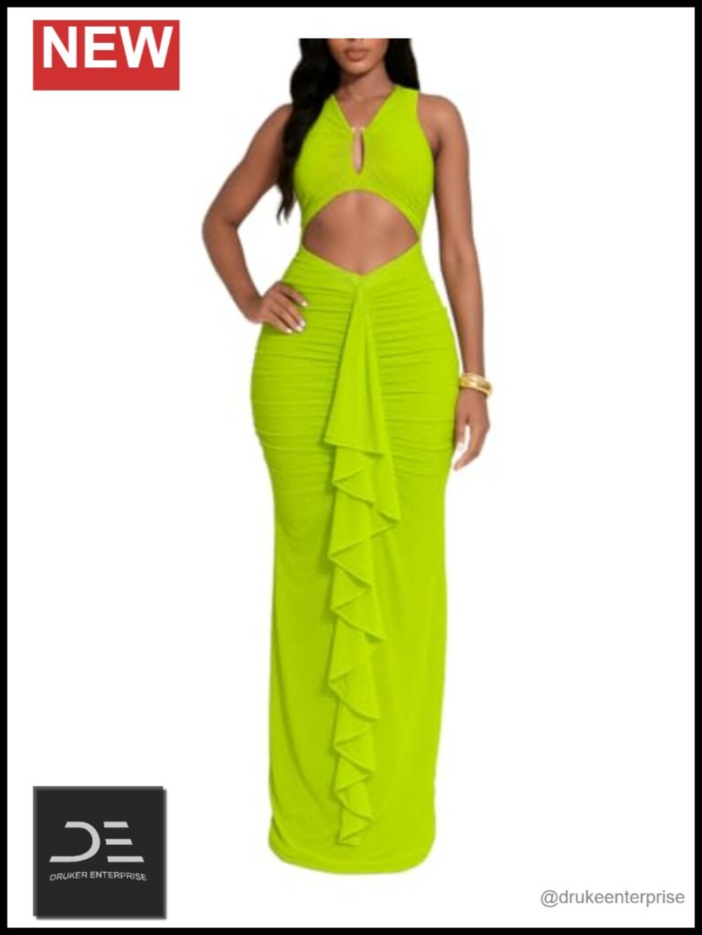 Sleeveless Ruched Ruffle Cut Out Midi Bodycon Dress Club Party
